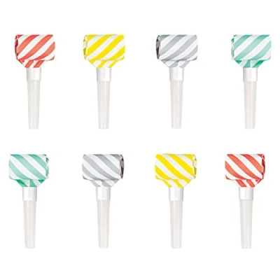 Image of Vibrant Striped Squawker Blowouts Fun &amp; Colorful Noisemakers Perfect for Festive Parties Events 8ct