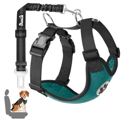 Image of SlowTon Dog Car Harness Seatbelt Set, Pet Vest with Safety Seat Belt for Trip and Daily Use Adjustable Elastic Strap Multifunction Breathable Fabric in Vehicle Dogs