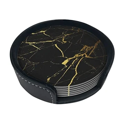 Image of Round Coasters, Gold And Black Marble Pattern,Mugs Pad Cups Mat Set of 6 Leather Drinks Coasters with Holder