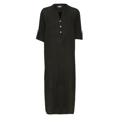 Image of Cream Women&#039;s Maxi Dress Loose Fit V Neck Buttons 3/4 Sleeves Side Slits, Pitch Black, S M