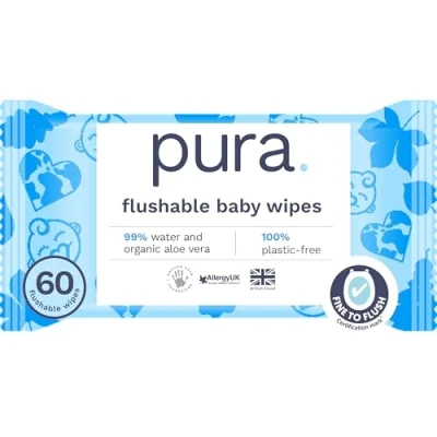 Image of Pura Eco Flushable Baby Wipes 1 Pack (60 Wipes) 100% Plastic Free, 99% Water, Suitable for Sensitive, Eczema Prone Skin, Newborn &amp; Toddlers, Biodegradable, Vegan, Potty Training