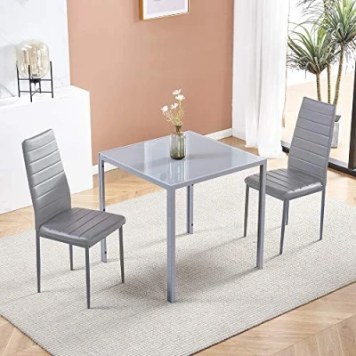 Image of Modern Grey Glass Dining Table and Chairs Set of 2 for Small Kitchen, 3 Piece Tempered Square PU Leather Dinette Apartment Space Saving
