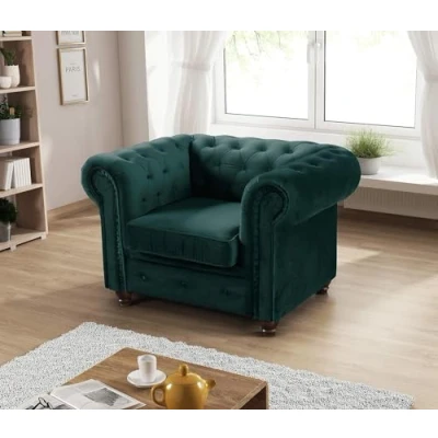 Image of MK Sofas Chesterfield Armchairs Modern &amp; Traditional Single Seater for Living Room, Lounge, and Office Dark Green Plush Velour Fabric Style Wingback Armchair