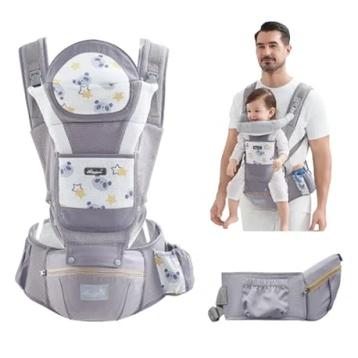 Image of IULONEE Multifunction Baby Carrier Hip Seat Infant Sling Wrap Convertible Toddler with Wide Lightweight Child Ideal for Hands Free Parenting (Grey)