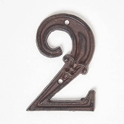 Image of HOMESCAPES Cast Iron Door Number 2 Decorative Antique Brown Finish House with Fleur De Lis Traditional Hand Design H 11.8 x W 8 cm
