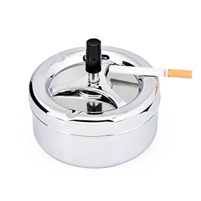Image of Ace Select 13 cm Large Round Push Down Spinning Metal Ashtray with Cigarette Cigar Smoking Smoke Ash Tray Silver
