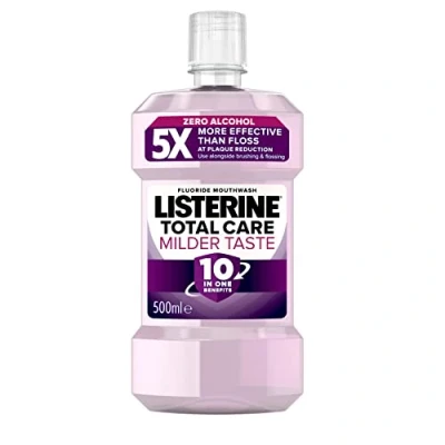 Image of Listerine Total Care Milder Taste (Zero Alcohol) Antibacterial Mouthwash (500ml), Caring and Cleansing with 10 in 1 Benefits, to Freshen Breath