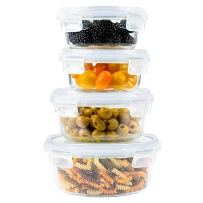 Image of Home Fleek Airtight Round Glass Food Containers with Lids Stackable Storage Containers, Space Saving, Airtight, Microwave, Oven and Freezer Safe Meal Prep (Set of 4, Blue)