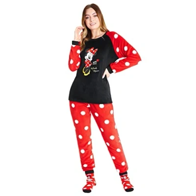 Image of Disney Womens Pyjamas, Fleece Loungewear and Fluffy Socks Stitch Gift Set (Black/Red Minnie, M)