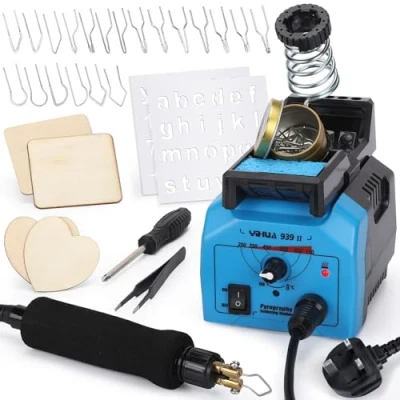 Image of YIHUA 939 II Wood Burning Pyrography Station Kit w Adjustable Temp. Soft Grip Pen 20 Wire Nibs 2 Stencils Safe Holder for DIY Engraving Craft Pumpkin Caving UK Plug (4 Pieces)
