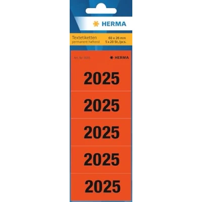 Image of HERMA 1685 Year Numbers Stickers 2025 for Folders, Pack of 100, 60 x 26 mm, 5 per Sheet, Self Adhesive, Opaque Text Labels, Matt, Paper Adhesive Labels Stickers, Red