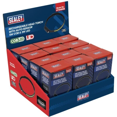 Image of HT104RDB Rechargeable Head Torch with Auto Sensor 5W cob &amp; 3W led Display Box of 12 Sealey