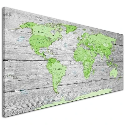Image of Wallfillers Large Lime Green Grey World Map Atlas Canvas Wall Art Print Modern 1301 118x49cm