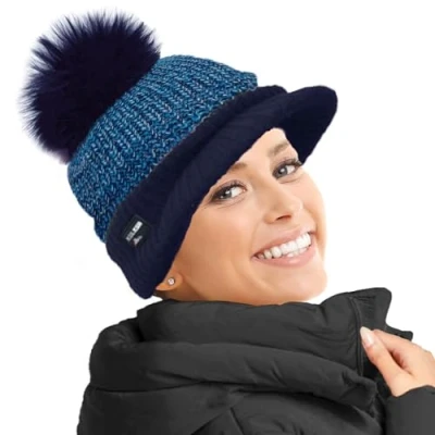 Image of RockJock Ladies Warm Fleece Lined Knitted Peaked Beanie Baseball Cap with Detachable Faux Fur Pompom wear or Without Blue