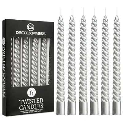 Image of Dinner Candles Pack 3 or 6 Twisted White Red Gold Coloured Spiral Non Drip Long Lasting Hours Burn Scented (Silver, of 6)