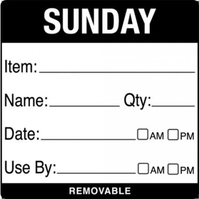 Image of Sunday item/date/use by 50x50mm food labels. 500 per roll