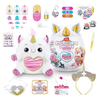 Image of Rainbocorns Unicorn Rescue Surprise, Daxelle Collectible Plush Giant Egg, Over 25 Surprises Inside, 35 cm, Cuddle Stuffed Animal, Rings, Stickers, Wearable Accessories (Daxelle Unicorn)
