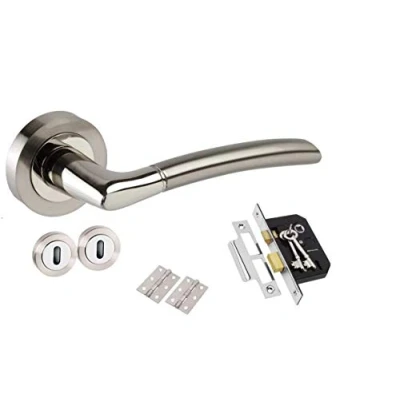 Image of Golden Grace Indiana Style Modern Chrome Door Handles on Rose with Duo Finish Lock Handle Pack 3 Lever and 2 KEYS
