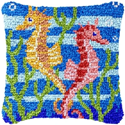 Image of CAIRF Latch Hook Kit Colourful Seahorse Pattern Cushion Kits for Aadults DIY Needlework Crafts Cover Case, 43 X cm