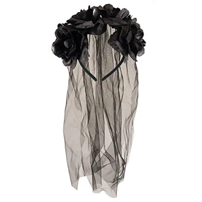 Image of Henbrandt Long Black Veil with Flowers Halloween Hairband Gothic Bride Day of the Dead Party Accessories Fancy Dress Hair Accessory for Adults