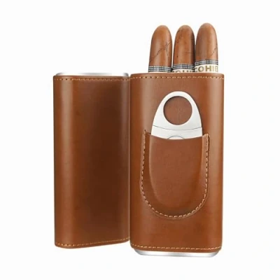 Image of Cgaplus 3 Finger Leather Cigar Case with Cutter Cedar Wood Lined Humidor Portable Travel