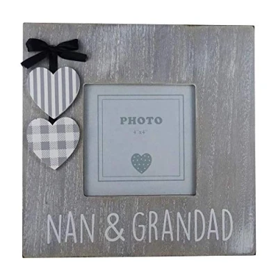 Image of Nan &amp; Grandad Photo Frame Grandparents Picture Square Grey White Hanging Hearts Rustic Shabby Chic Wall Free Standing Birthday Gift