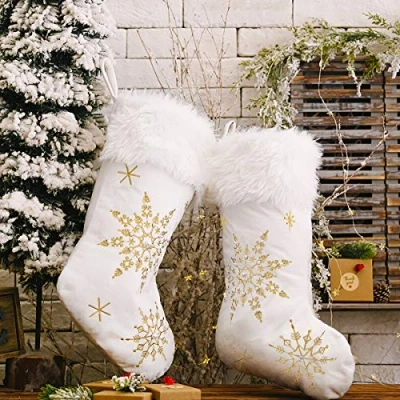 Image of Mauts 20 White Christmas Stockings, decorations StockingsWith Gold Pearl Snowflakes, Used For Gift Box Mantel Decoration Party