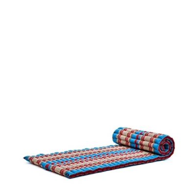 Image of Leewadee Foldable Floor Mattress Japanese Roll Up Futon Trifold Tatami Mat Guest Bed Camping Thai Massage Mat, Kapok Filled, 190 x 70 cm, Blue Red