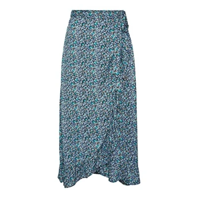 Image of PIECES Women&#039;s Pcbrock Hw Midi Skirt, Deep Lagoon/AOP: Flower, M