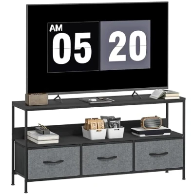 Image of HOMCOM TV Stand Cabinet up to 55 inch, Unit with 3 Foldable Linen Drawers, Open Shelf for Living Room, Bedroom, Entertainment Black