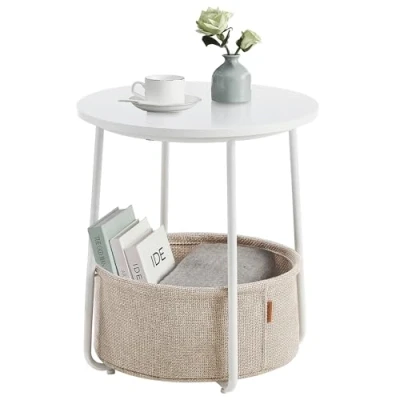 Image of VASAGLE Side Table, Round End Table with Fabric Basket, Spacious, for Living Room Bedroom, Bedside Modern Style, White and Beige LET223W10