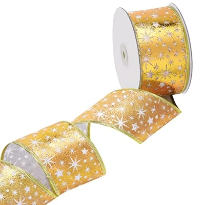 Image of Belle Vous Gold Organza Christmas Ribbon 20m x 6.3cm Wide Wired Snowflake Tree for Xmas Decorations Gift Wrapping DIY Crafts Party Decoration