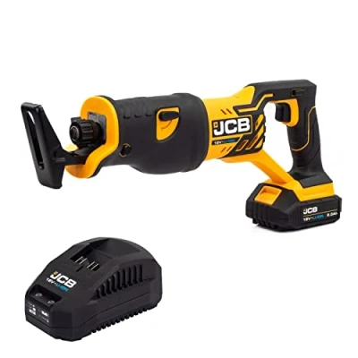 Image of JCB 18V Cordless Reciprocating Saw, 2.0Ah Battery, Fast Charger, Variable Speed &amp; Adjustable Foot Plate, Tool Free Blade Changing, Powerful with 3 Year Warranty