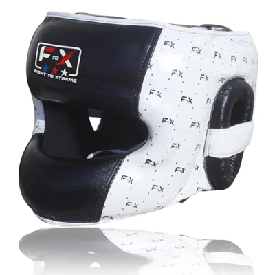 Image of FTX Face Bar Boxing Headgear Real Leather Sparring Headguard Protector Helmet for MMA Martial Arts Training Kickboxing Grappling Head Guard (Black/White, L/XL)