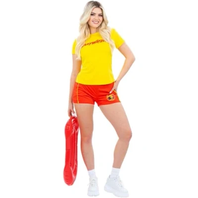 Image of Smiffys Baywatch Beach Costume in Yellow for Adults Includes Top and Iconic Red Shorts with Logo Officially Licensed Perfect Groups Themed Parties Stag Do Nights Friends
