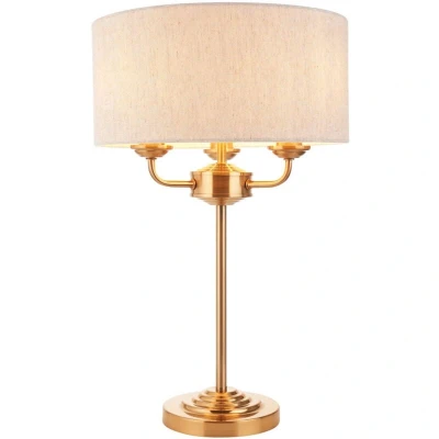Image of Highclere Table Lamp with Round Shade Vintage Brass, Natural Linen, 3x E14