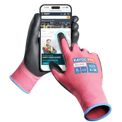 Image of KAYGO Work Gloves PU Coated 12 Pairs Touchscreen, KG11PFE, Safety Working with Secure Grip on Palm &amp; Fingers, for Men and Women, Ideal General Duty Work, Gardening (Medium, Pink)