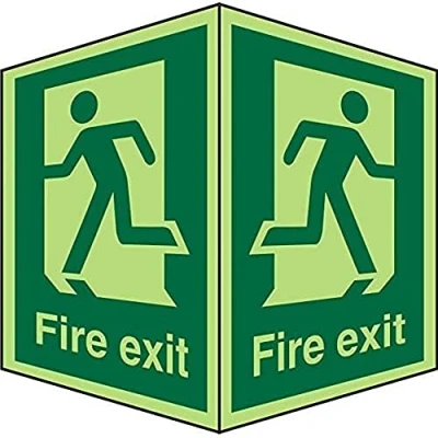 Image of Seco Fire Exit Man Running Different Directions &amp; On Each Face Sign, 200mm x 300mm Photoluminescent 1mm Semi Rigid Plastic