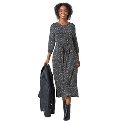 Image of Roman Originals Midi Gathered Dress with Pockets for Women UK Ladies Stretchy Jersey Maxi Round Neck Elasticated High Waisted Boho Flattering Skater Swing Fit Flare Black &amp; White Size 10