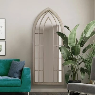 Image of The Somerley Extra Large Rustic Framed Arched Gothic Window Style Leaner Wall Mirror 75&quot; X 30&quot; (190CM 75CM) Stone Colour
