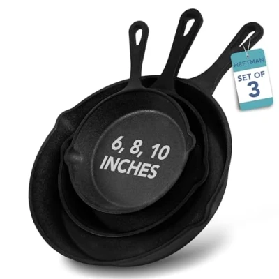 Image of HEFTMAN Cast Iron Skillet Set of 3 Pre Seasoned Non Stick Frying Pans (6, 8, 10 Inch) Oven Safe Induction Pan for All Hob Types, Grill, Stove