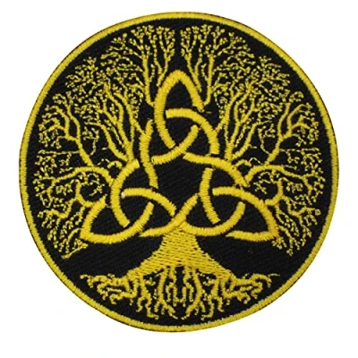 Image of Viking Tree of Life Trinity Knot Yellow Embroidered Iron on Sew Patch Badge for Clothes etc. 7cm