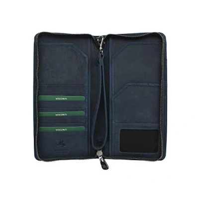 Image of Visconti Hunter Collection WING Leather Travel Wallet &amp; Strap RFID blocking 728 Oil Blue