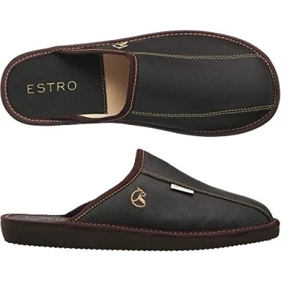 Image of ESTRO Mens Slippers Men House Shoes Leather Home Mule Men&#039;s Slipper Memory Sole Frost (12 UK, Cocoa)