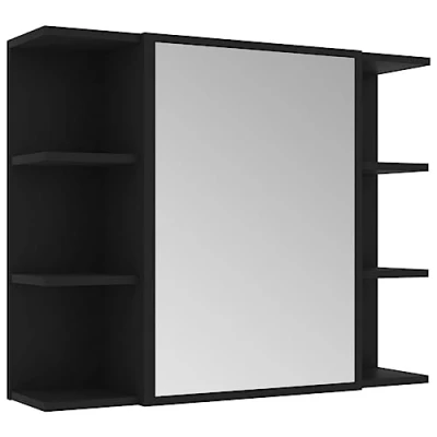 Image of vidaXL Bathroom Mirror Cabinet, Black Finish, Engineered Wood Construction, Ample Storage Space with 8 Compartments, Modern Design, Safe Wall Attachment Device.