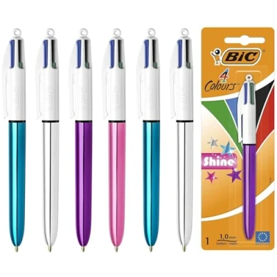 Image of BIC 4 Colours Shine Retractable Multi Coloured Ballpoint Pens, Medium Point 1.0mm, Assorted Metallic Barrels, Pack of 6