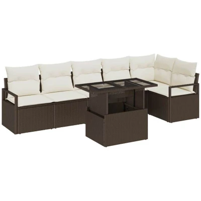 Image of vidaXL 7 Piece Garden Sofa Set with Cushions Brown Poly Rattan