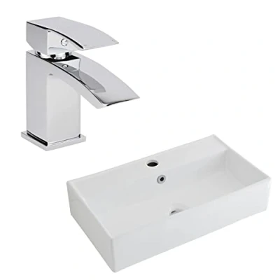 Image of Milano Dalton Modern White Ceramic Countertop Bathroom Basin Sink Mono Mixer Tap 550mm x 310mm