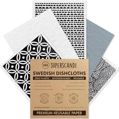 Image of SUPERSCANDI Made in Sweden Dish Cloths Eco Friendly Paper Alternative Scandi Prints 5 Pack Reusable Compostable Kitchen &amp; Rags