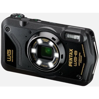 Image of PENTAX WG 8 black all weather adventure camera, featuring outstanding waterproof, dustproof, shock resistant performance, multi application ring light for macro photography and webcam function